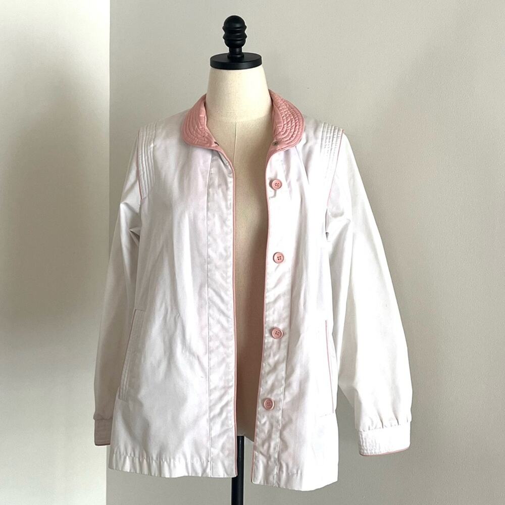 Vintage White and Pink Jacket Light Full Button Pockets Pleated Shoulder Medium